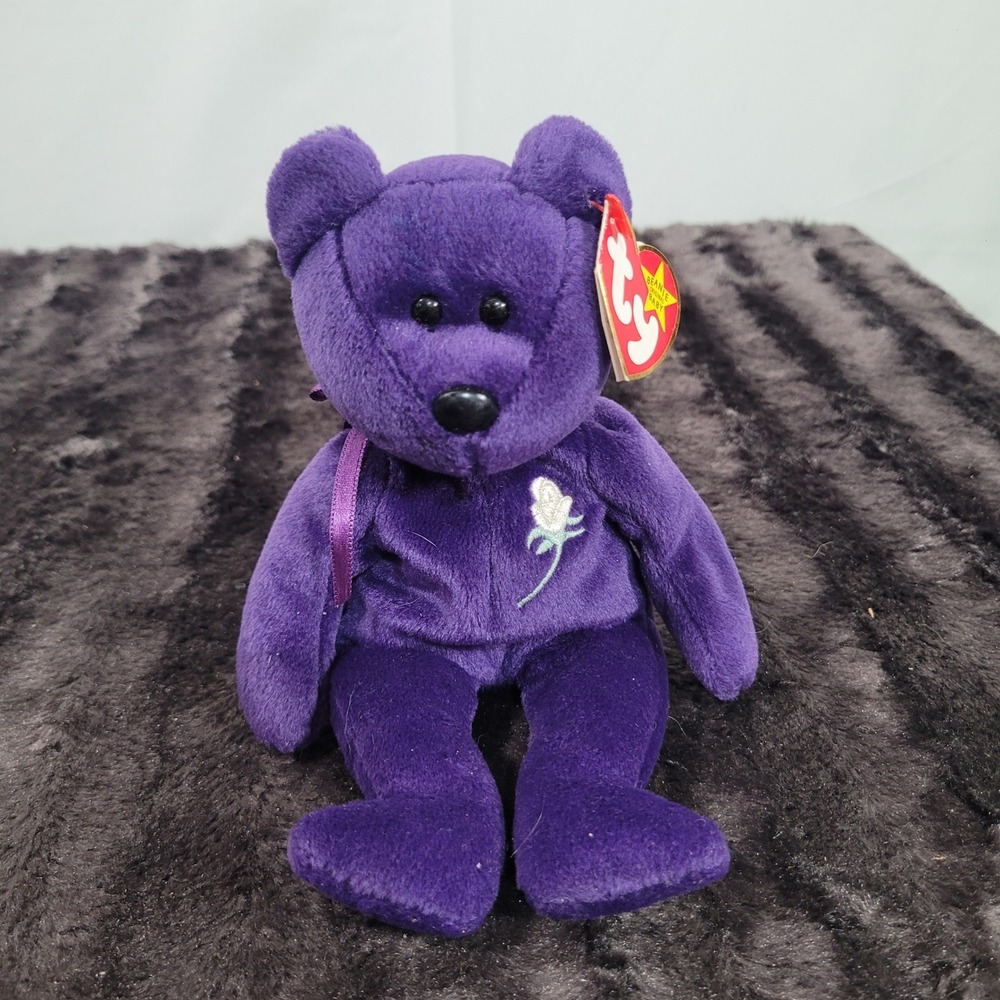 Ty Beanie Baby Princess Diana Memorial Bear Purple Plush White Rose With Tags